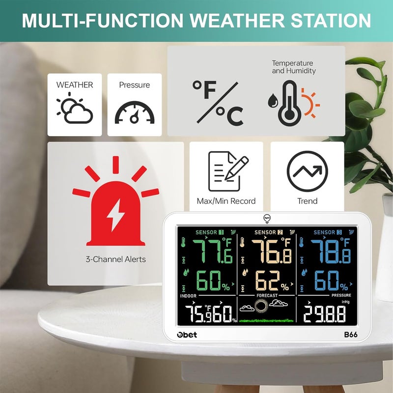 OBET Weather Station Wireless Indoor Outdoor Thermometer with 3 Sensors, Temperature Humidity Monitor with Alerts 500ft Range and 3 Adjustable Brightness White - Image 4